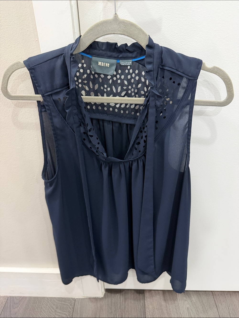Maeve Navy Tie-Neck Sleeveless Blouse